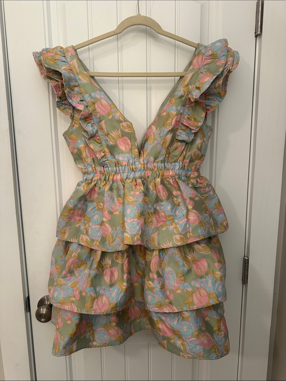 Buddy Love Floral Ruffle Tiered Mini Dress in Green, Pink & Blue